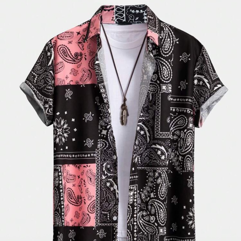 Black and Pink Casual Button Down Shirt with Paisley Print